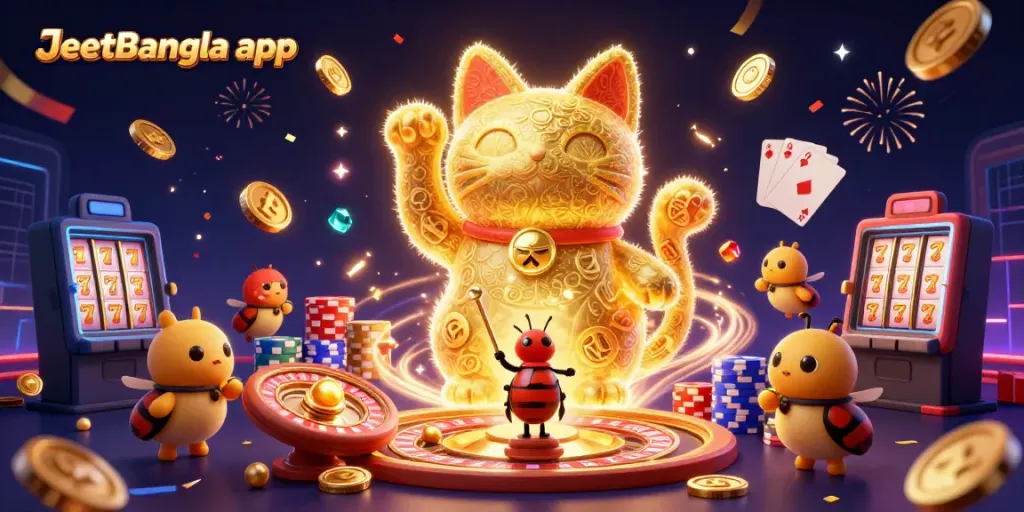 Experience the thrill of the JeetBangla app with a vibrant, captivating lucky cat and casino symbols.