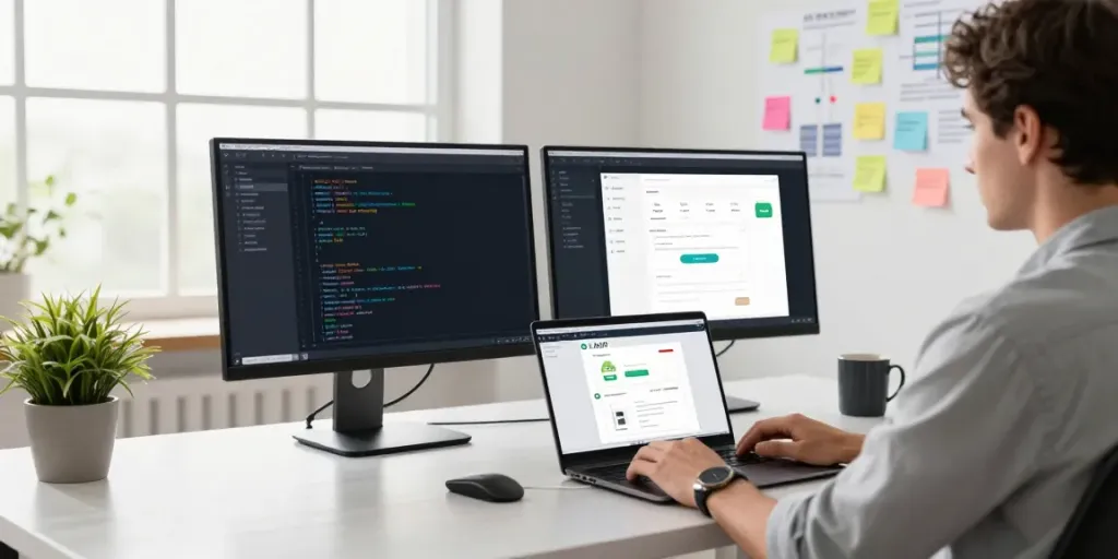 Developer coding an Android application with APK files in a bright office.