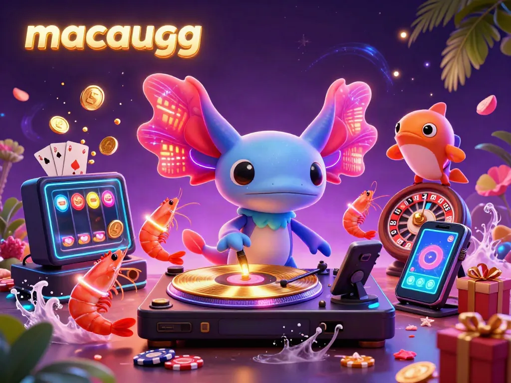 Engage with macaugg’s vibrant gaming scene featuring a DJ axolotl spinning slots.
