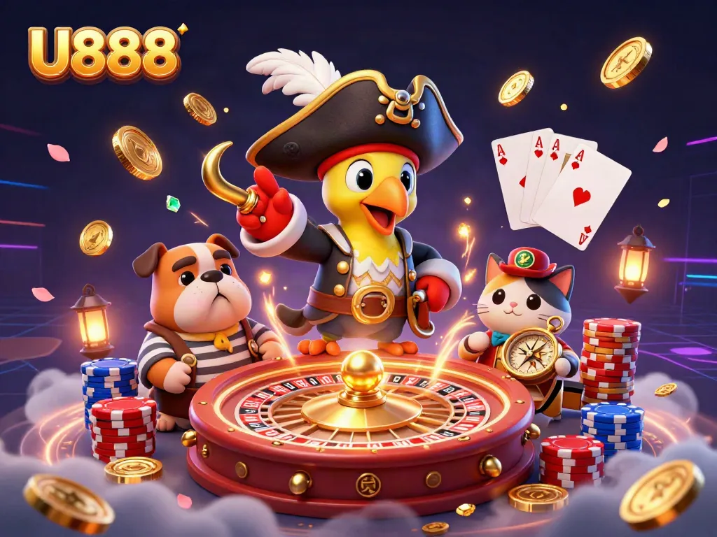 Experience the high stakes of U888 gaming with a lively ensemble in a dazzling casino setting.