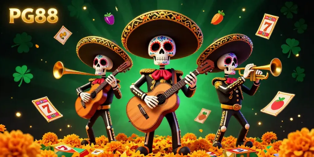 Engage with PG88's exciting casino experience featuring a vibrant day of the dead mariachi band and slot game elements.