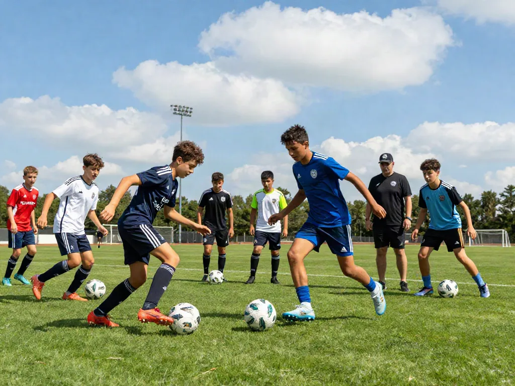 TOP10 นักเตะ training scene with diverse young players on football pitch.