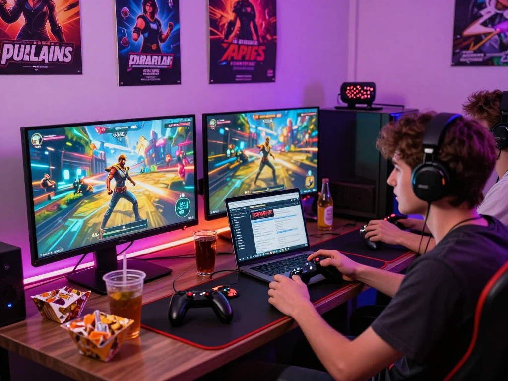Dynamic gaming scene showcasing young adults playing exciting porn games with vibrant decor and immersive atmosphere.