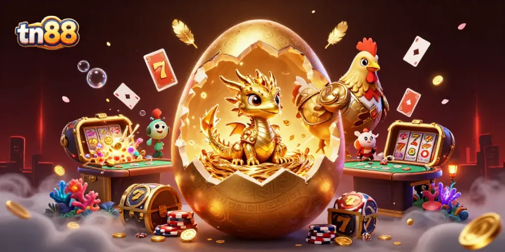 Win big at tn88 with a gold dragon emerging from a nest of poker chips, surrounded by vibrant slot elements.