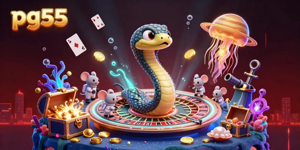 Experience the vibrant pg55 casino scene with astronaut mice betting on a cosmic roulette wheel.