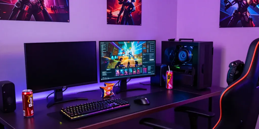 Ruang bermain gacor168 dengan gamer di meja modern dan monitor berwarna-warni.