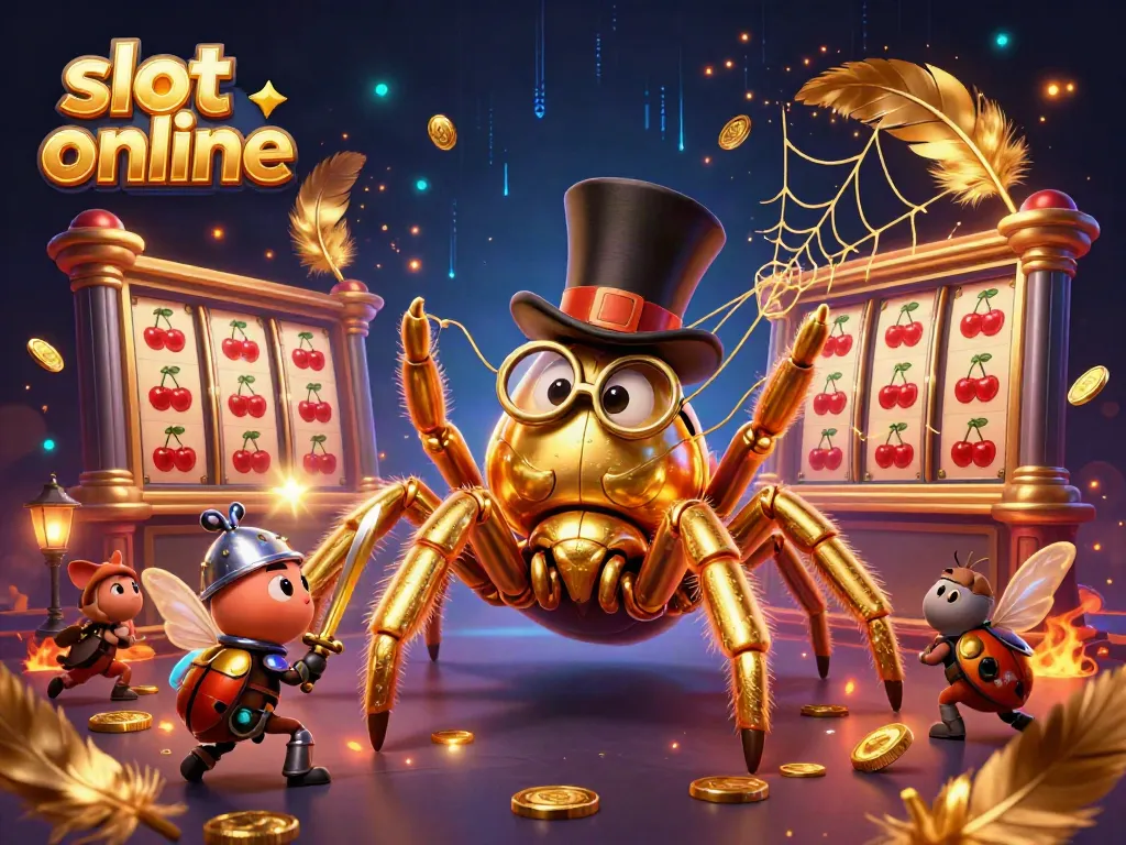 Spin the reels with slot online as a giant golden tarantula weaves a web in a dazzling casino scene