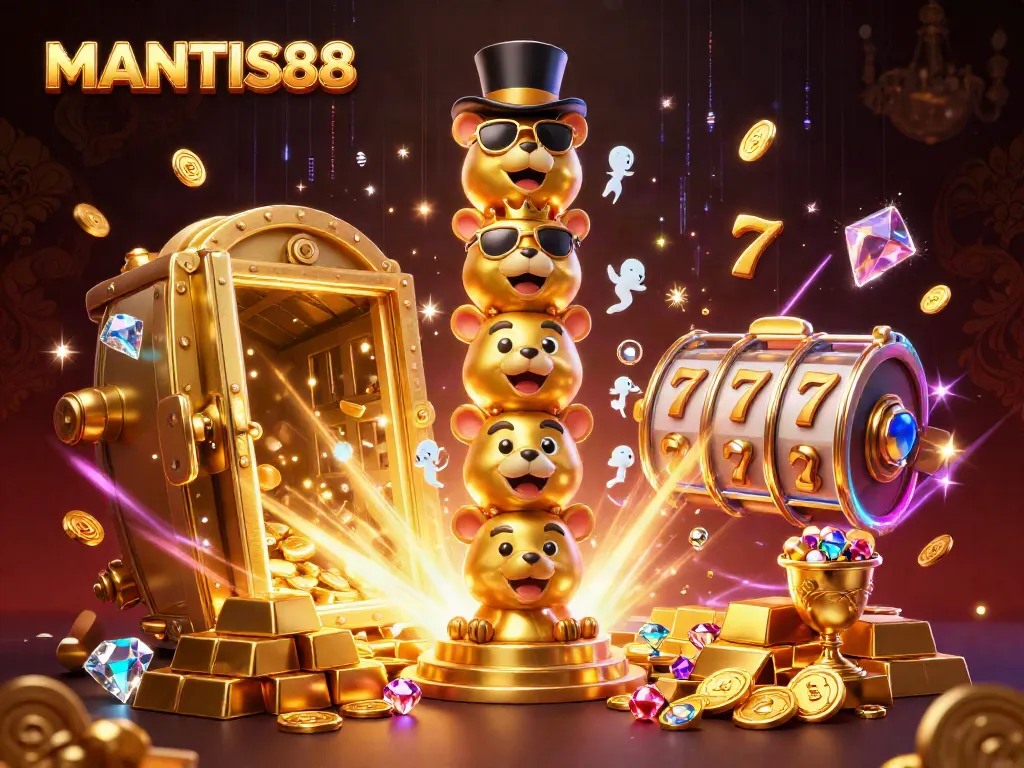 MANTIS88 showcases a vibrant golden totem pole surrounded by casino riches, exemplifying exciting online gaming.