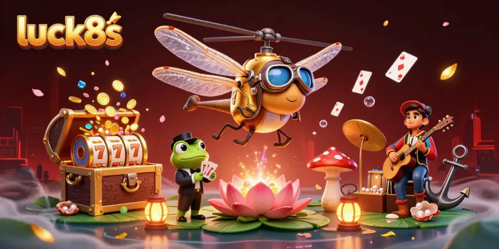 Experience luck8s with thrilling casino excitement featuring a dragonfly pilot, frog dealer, and lively musicians.