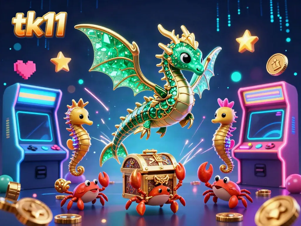 Engage in thrilling gameplay with tk11's vibrant arcade casino elements, featuring sea creatures and glowing icons.