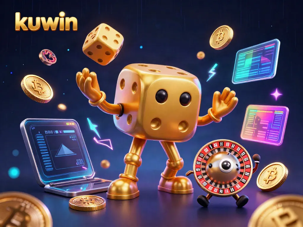 Engage with kuwin's gaming excitement through this vibrant 3D casino illustration featuring dynamic characters and crypto elements.