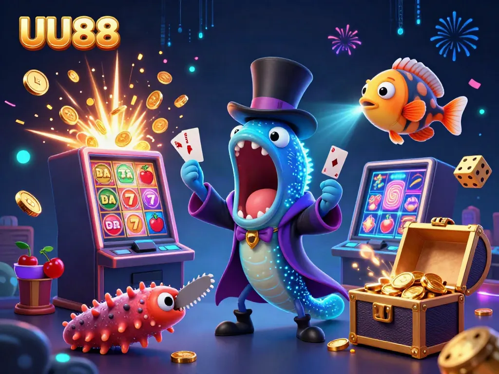 Experience thrilling card tricks at UU88 with captivating underwater characters in a vibrant casino scene.