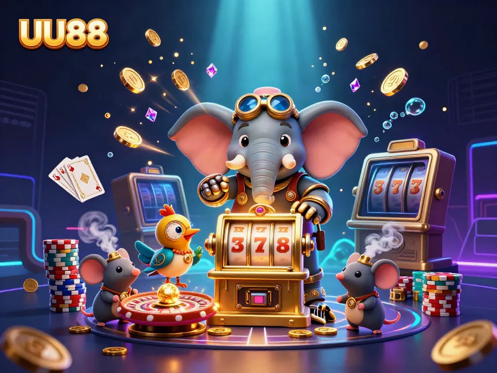 UU88 cartoon elephant engineer spins a golden slot machine surrounded by coins and gems
