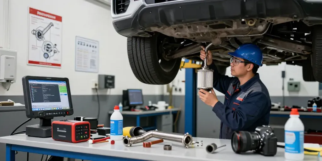 Technician performing DPF regeneration in an automotive workshop with tools and equipment.