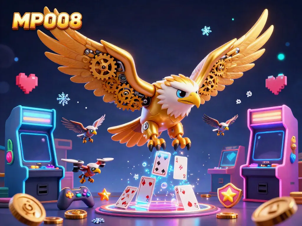 MPO08 showcases an epic 3D digital scene with a cybernetic eagle amidst casino-themed holographic elements.
