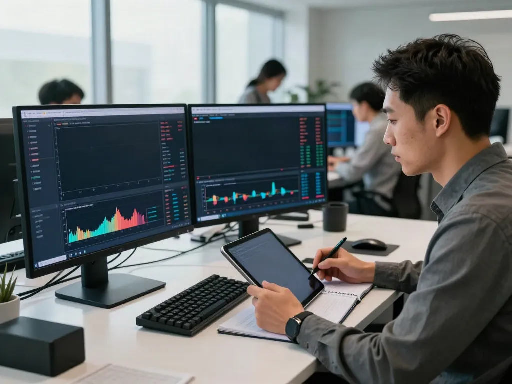 Trading analyst using tradingview官网 at modern financial workstation with real-time data displays.