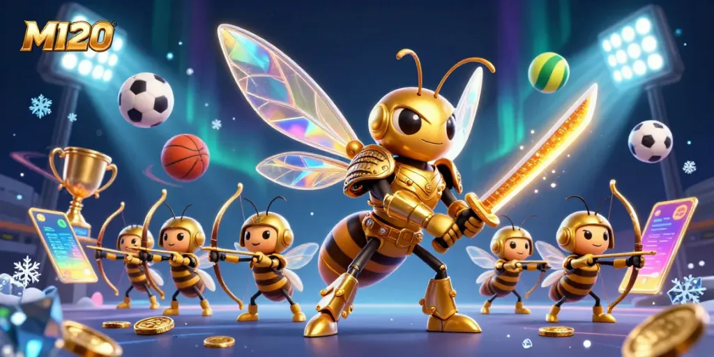 M120 lively scene showcasing a golden hornet in samurai armor engaging with sports balls, captivating gamblers with vibrant colors and dynamic elements.