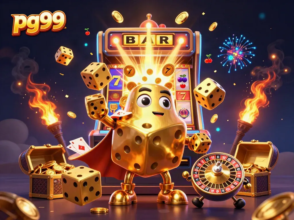 Unlock big wins with pg99's vibrant casino experience, featuring golden dice and jackpot symbols.
