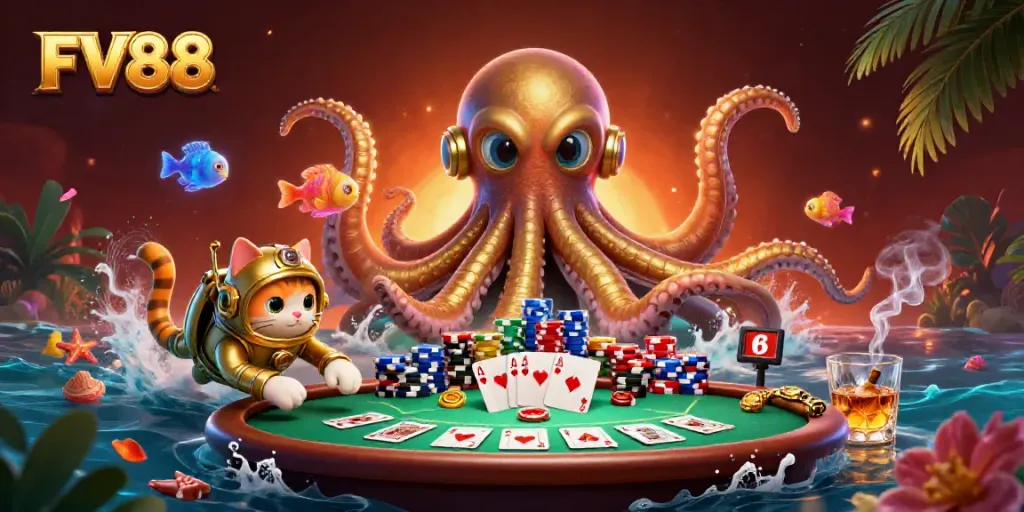 Engage with thrilling FV88 gaming as a kraken emerges amidst unique casino elements, showcasing vibrant visuals.