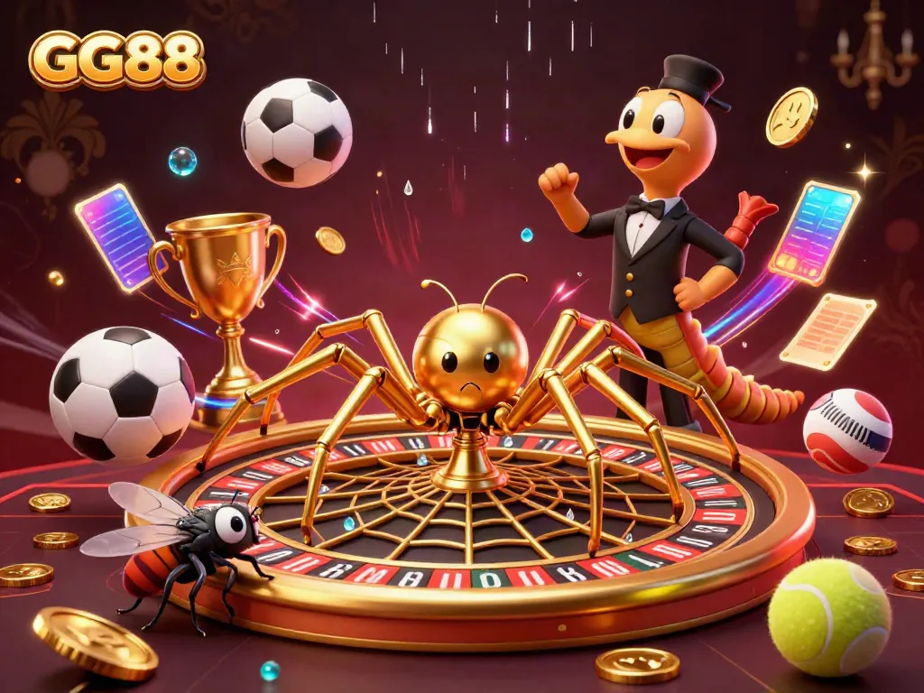 Watch the golden spider spin the GG88 roulette web while a fly nervously bets on sports.