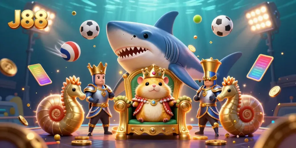 Engage with the exciting J88 gaming adventure featuring a hamster king in a vibrant casino scene.