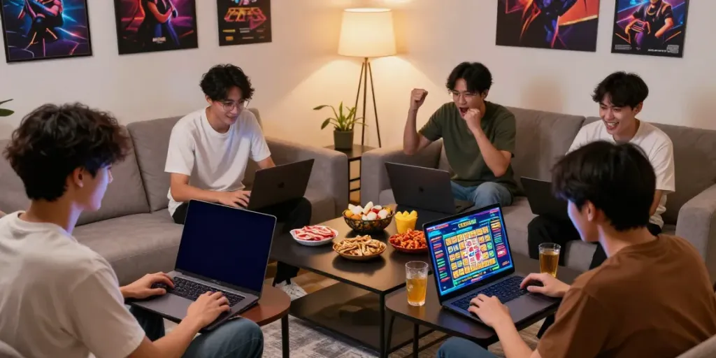 Players enjoying Togel games on devices in a cozy living room, showcasing the excitement of https://totobet.net/.