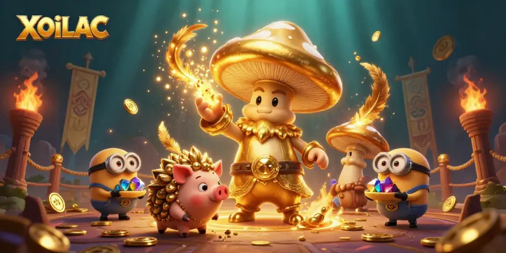 Experience the thrill of XOILAC with captivating golden wizard and treasure as characters in a vibrant casino scene.