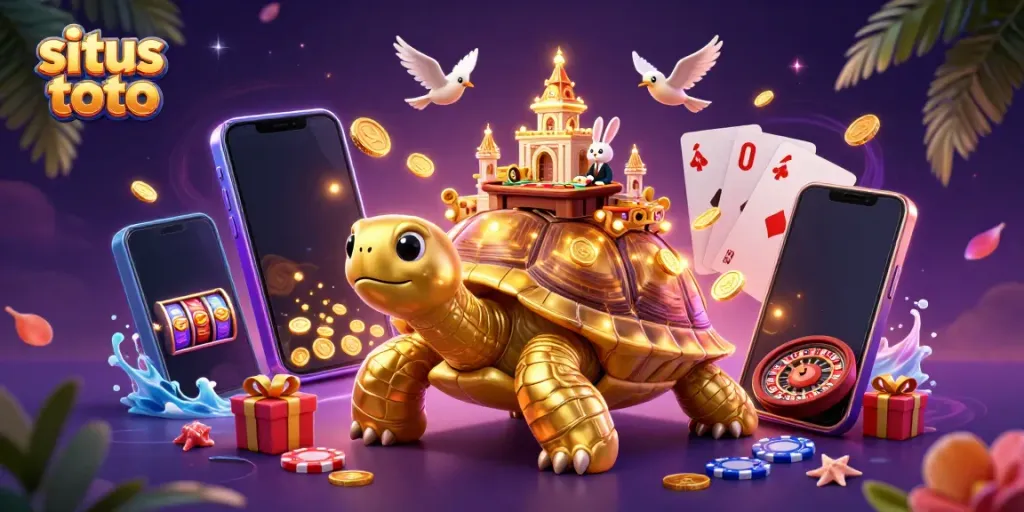 Experience situs toto with a vibrant scene featuring a golden tortoise casino and dynamic gaming elements.