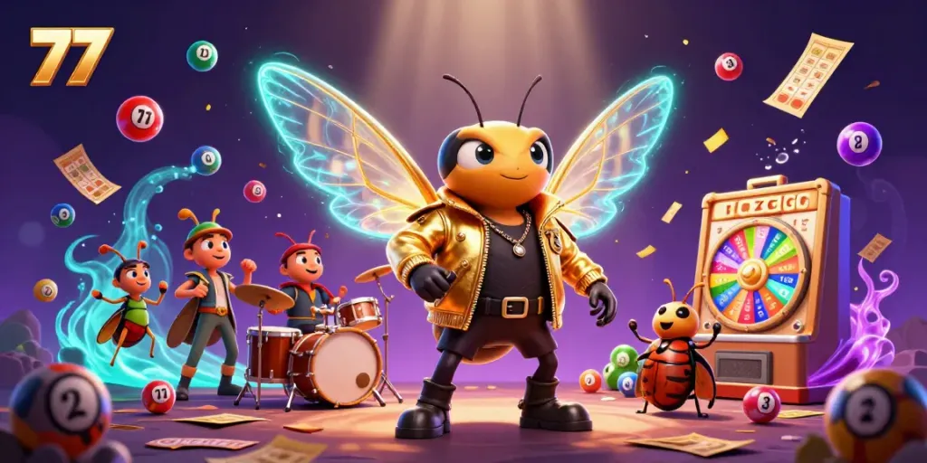 Experience excitement with 77 as cartoon characters perform amidst colorful lottery balls and festive elements.