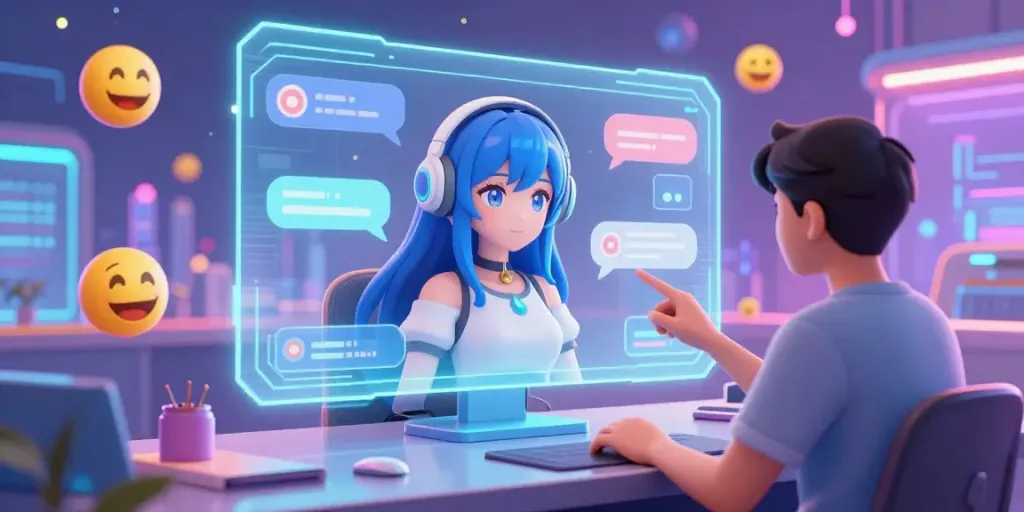 Engaging scene of an animated character in a hentai ai chat room, immersively interacting with users in a vibrant digital landscape.