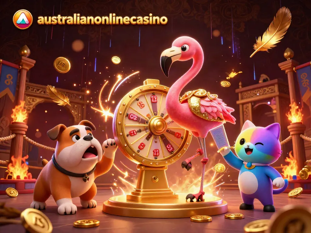 Spin the giant golden prize wheel with excitement at australianonlinecasino, featuring animated casino characters.