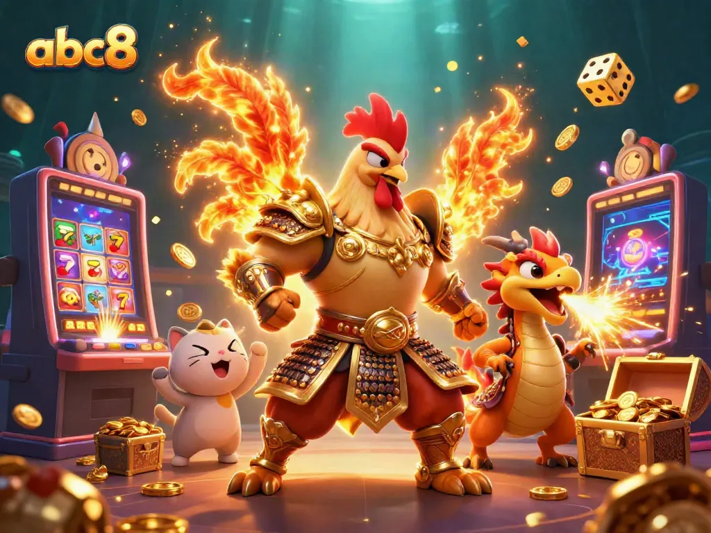 Experience thrilling moments at abc8 with a dynamic casino scene featuring a rooster warrior and a dragon hatchling.