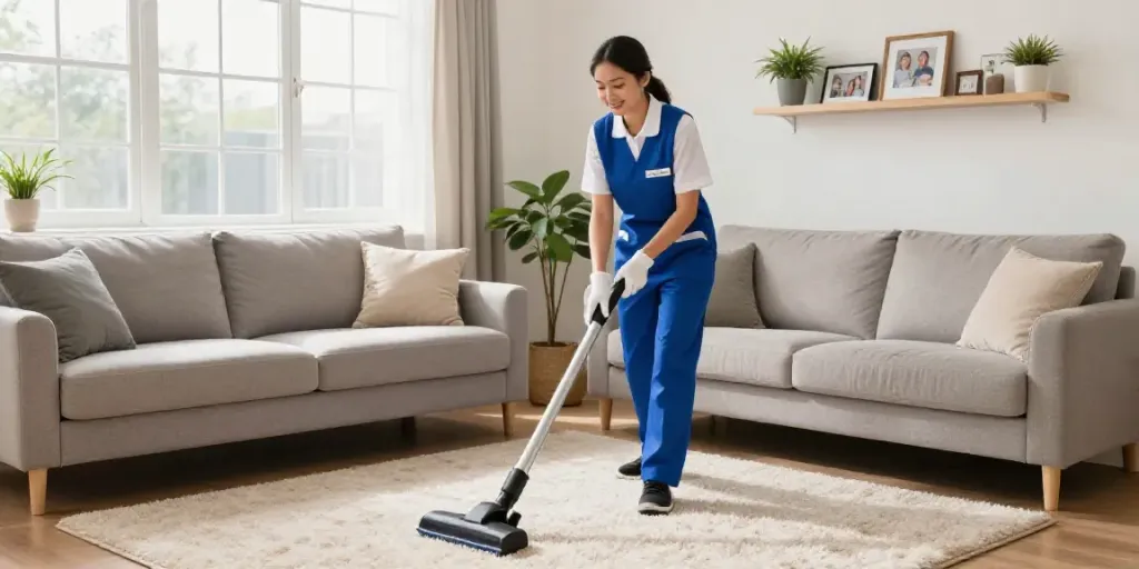 Domestic cleaning Melbourne showcased in a bright living room, spotlighting a professional cleaner at work.
